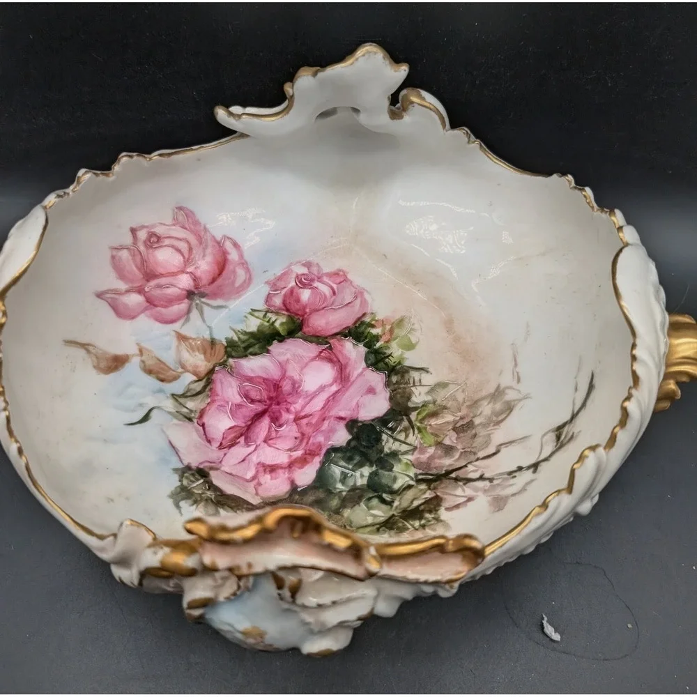 Vintage Hand Painted Floral Porcelain Centerpiece Bowl Gold Gilt Cherub Footed